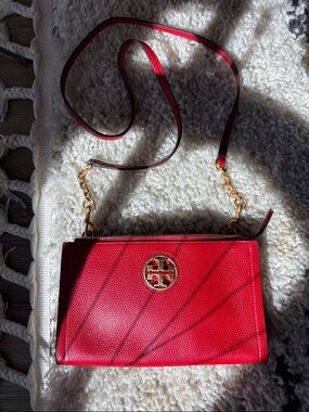 Tory Burch Red Leather Crossbody with Gold Logo Medallion